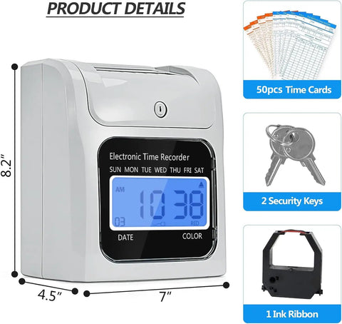 Solid Automatic Employee Time Clock Punch Machine Built For Busy Bosses with digital display, two security keys and ink ribbon.