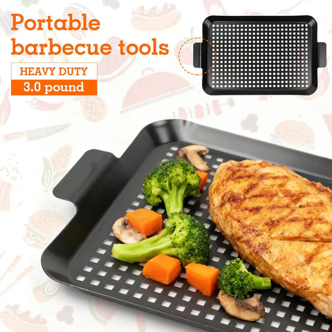 Two Pack Grill Topper For Outdoor Grill Nonstick Enamel Coated Carbon Steel Durable Grill Pan Set For Camping Picnics And Cookouts with chicken and vegetables