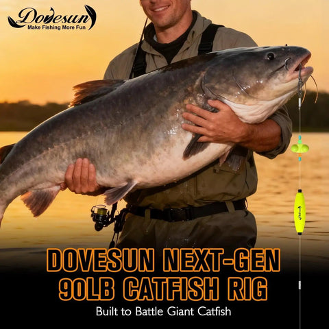 Angler holding large catfish with Take Down Catfish Rigs Set With Float Rigs And Rattles Santee Circle Hooks Size Six Oh Ready To Use Catfishing Tackle 90Lb Leader Durable Pretied Tackle Kit 6 Pieces For Fast No Fuss Catfishing