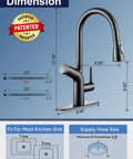 Cobbe Kitchen Faucet with Water Filter, Pull Down Sprayer, Matte Black dimensions showing height, width, and fitting options.