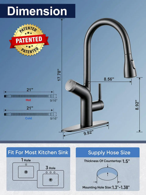 Cobbe Kitchen Faucet with Water Filter, Pull Down Sprayer, Matte Black dimensions showing height, width, and fitting options.