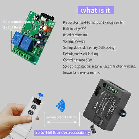 Diagram of Dual Direction Remote Control Switch For 12V Linear Actuators with remote, works with DC 7V to 48V, 10 Amp.