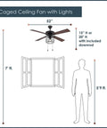 Diagram of Boss Industrial LED Ceiling Fan With Cage Design And Lights, 52 Inch Black Housing With Rich Barnwood Blades, size details shown