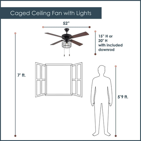 Diagram of Boss Industrial LED Ceiling Fan With Cage Design And Lights, 52 Inch Black Housing With Rich Barnwood Blades, size details shown