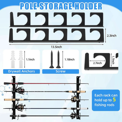 16 Pack Fishing Rod Holders For Wall And Ceiling Mounted Racks Horizontal Pole Storage System Holds Up To 40 Rods Keeps Gear Off The Floor And Neatly Organized Ideal For Garage Boats Docks And Outdoor Gear diagram with dimensions and specifications