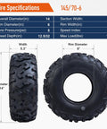 Go Kart Street Mini Bike Tires 145/70-6 4PR Tubeless Off Road ATV All Terrain Set Of 2, tire specifications and measurements