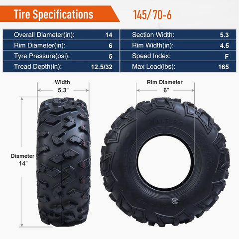 Go Kart Street Mini Bike Tires 145/70-6 4PR Tubeless Off Road ATV All Terrain Set Of 2, tire specifications and measurements