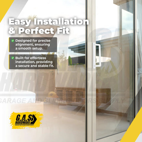 Ten Inch Exterior Sliding Glass Door Handle Replacement For Patio Doors White Finish Durable Diecast Construction Ideal For Exterior Sliding Glass Door Replacement On Homes And Offices Providing Smooth Operation And Secure Latching, installed on glass patio door with garden view.