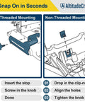 AltitudeCraft Crown Stops for miter saw; blue threaded and non-threaded mounting diagrams with setup steps