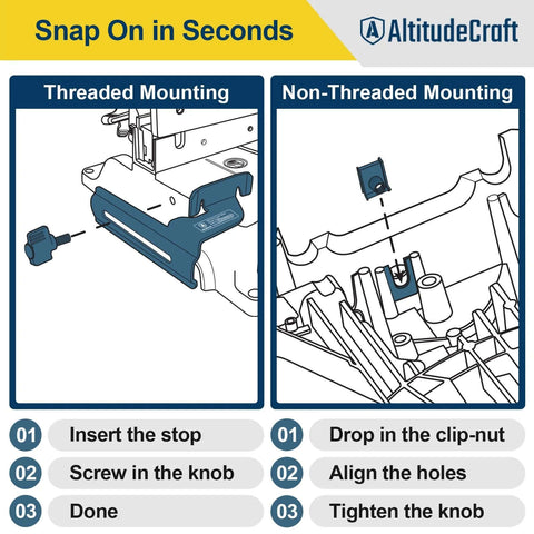 AltitudeCraft Crown Stops for miter saw; blue threaded and non-threaded mounting diagrams with setup steps