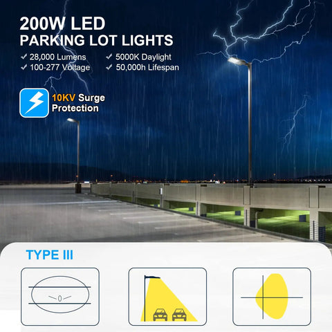 200W LED Parking Lot Light With 28,000LM Dusk To Dawn Photocell, IP65 Waterproof, 5000K Daylight, Adjustable Arm Mount at night