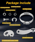 Package contents of Universal Torque Arm Conversion Kit M14, including nuts, hose clamps, steel torque arms, screws, and motor washers.