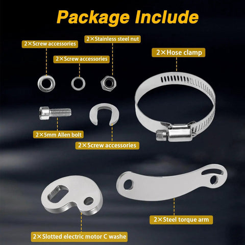 Package contents of Universal Torque Arm Conversion Kit M14, including nuts, hose clamps, steel torque arms, screws, and motor washers.