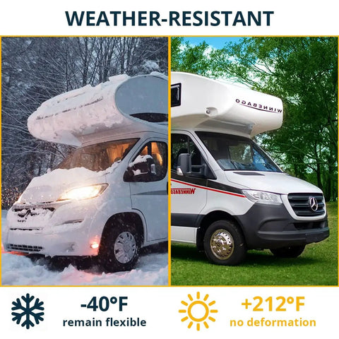 RV in snow and sun showing Butyl Tape For RV Roof Sealant 4 Inch By 16 Foot Waterproof Repair Tape Stops Leaks Instantly And Permanently