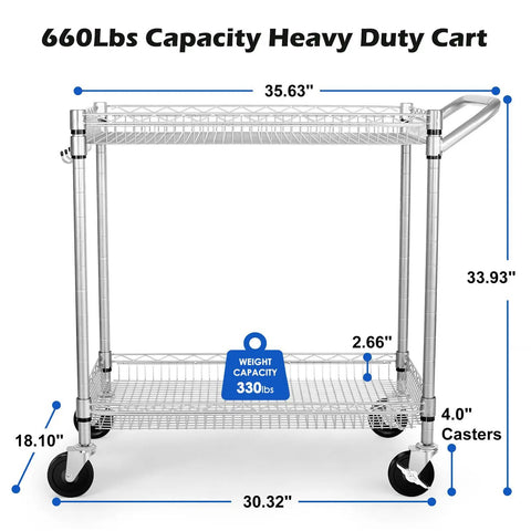 Beefy Two Tier Rolling Utility Cart With 660 Lb Capacity Nsf Listed Commercial Steel Workhorse Anti Rust Chrome Mobile Storage Rack Built Tough For Garage Kitchen Or Warehouse