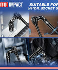 One Quarter Inch Drive Universal Joint Swivel Socket Adapter Set used in tight spaces with CRV steel for versatile wrench and ratchet use.