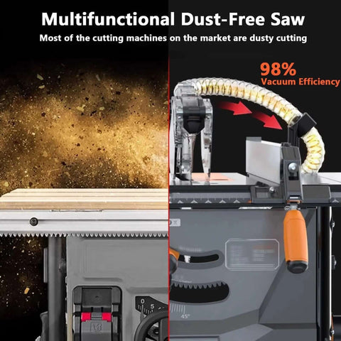 Super Slick Circular Saw Bench For Woodworking showing dust collection system and precision gauge on a metal platform.