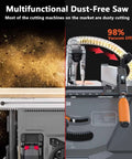 Heavy Duty Bench Mounted Circular Saw Featuring Knockout Precision Crosscut Gauge Side Extension And Smart Dust Pickup with dust collection setup.