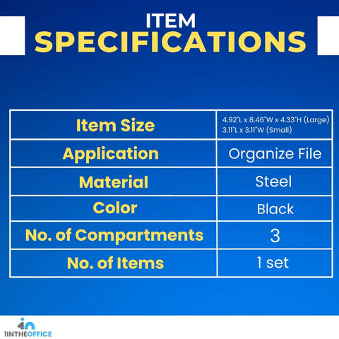 Specifications sheet for Mesh Desk Drawer Organizer Tray in black with 3 stackable compartments, steel material, sizes listed.