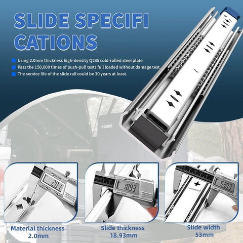 260 Lbs Heavy Duty Locking Drawer Slides Full Extension Ball Bearing Rails With Lock Side Mount Built To Last For Industrial Tool Boxes 22 Inch Pair Includes M5 Screws, showing slide dimensions and material thickness.