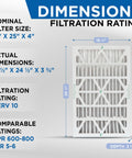 Dimensions and filtration rating of Dope MERV 10 HVAC Air Filter For AC And Furnace, 4 Inch Deep, Fits 16x25x4 Ducts, Actual Size 15.5 x 24.5 x 3.75 Inches, Box Of 4, Heavy Duty Frame, Long Lasting Filtration For Home Comfort.