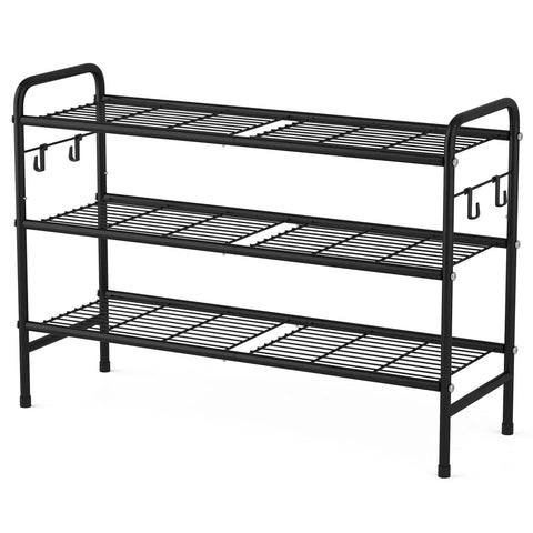 3 Tier Metal Shoe Rack Organizer 33 Inch Wide Built To Last Space Saving Shoe Storage With Four Side Hooks Boss Level Organization For Front Door Closet Garage Dorm Holds 16 To 20 Pairs Of Shoes