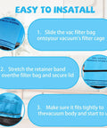 Instructions for installing 12 Pack Dust Filter Bags Replacement For 2 To 2.5 Gallon Wet Dry Vacs And Powerhead Bucket Vac In Blue