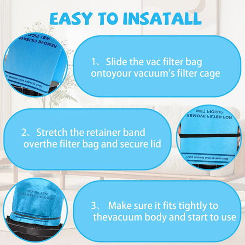 Instructions for installing 12 Pack Dust Filter Bags Replacement For 2 To 2.5 Gallon Wet Dry Vacs And Powerhead Bucket Vac In Blue