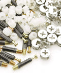 Built Tough 50 Pack Furniture Connector Kit With Cam Lock Fittings And Preinstalled Dowel Screws assorted fasteners including cam locks and screws.