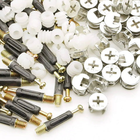 Built Tough 50 Pack Furniture Connector Kit With Cam Lock Fittings And Preinstalled Dowel Screws assorted fasteners including cam locks and screws.