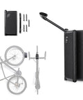 Velo Hinge Two Point Zero Pivoting Bike Wall Mount shown unfolded, with mounting hardware and side view of bike in profile