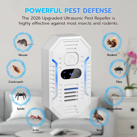 Plug In Ultrasonic Pest Repeller 4 Pack Indoor Multi Frequency Rodent And Insect Deterrent with labeled pest illustrations by device