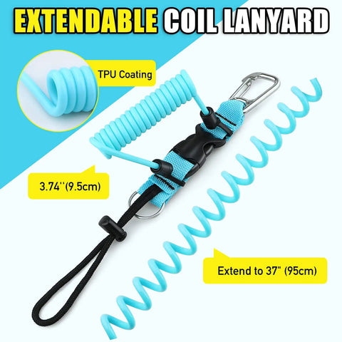 Scuba Diving Coil Lanyard With Spring Loaded Gate Clip, Stainless Steel, Quick Release Buckle, TPU Coated, 95 Centimeter Extension