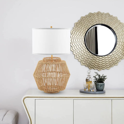 2 Pack Woven Rattan Table Lamps With Plug In Boho White Fabric Shade for Nightstand on a white console in living room
