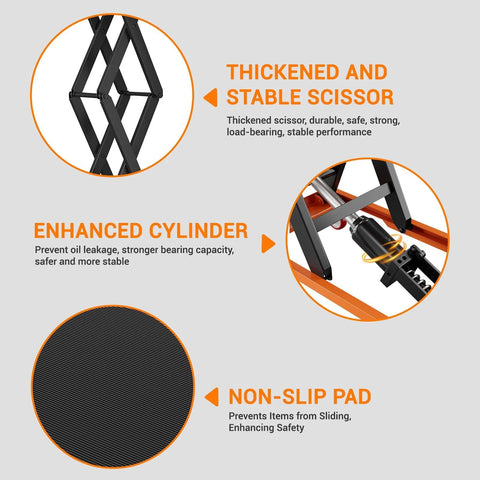 Hydraulic lift table cart with thickened scissor mechanism and enhanced cylinder; non-slip pad on black/orange steel frame