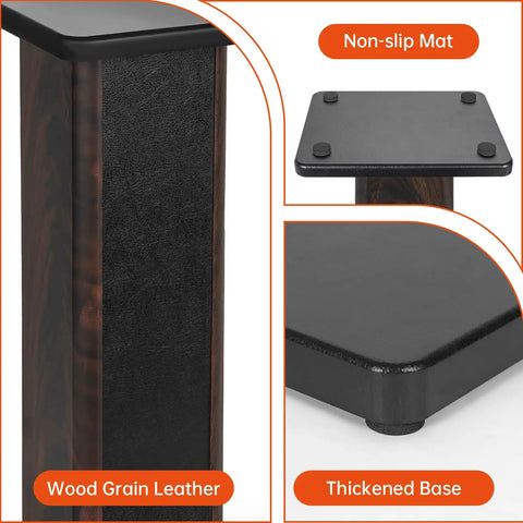 Close-up of 12 Inch Tall Wood Speaker Stands Set Of 2 For Home Theater HiFi Desktop with wood grain, non-slip mat, thickened base.