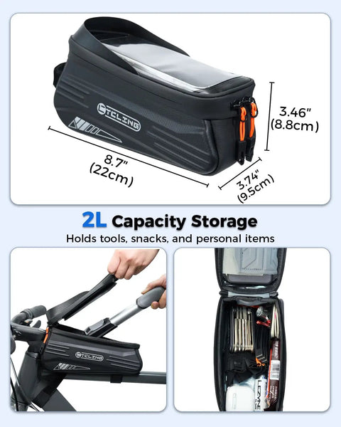 Ridiculously Handy 2L Bike Front Frame Bag With Water Resistant Top Tube Mount Touchscreen Friendly Window EVA Hard Shell