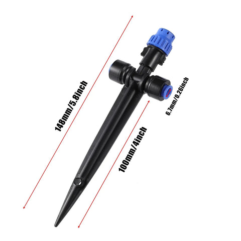 Adjustable 360 Degree Drip Irrigation Emitter for One Quarter Inch Tubing with Arrow Stake, shown with dimensions