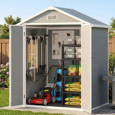 6x4.4 Ft Resin Outdoor Storage Shed With Floor Lockable Doors And Windows All Weather Plastic Garden Tool Shed for Tools
