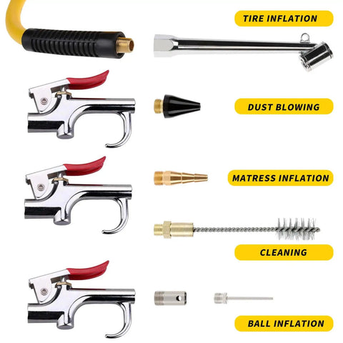 19 Piece Air Compressor Accessories Kit With 25 Ft Hybrid Hose Three Eighths Inch And One Quarter Inch NPT Quick Connect Fittings Includes Air Blow Gun Tire Gauge Wire Brush And Cleaning Tools Must Have For Your Home Shop, showing various accessories including air blow gun and tire gauge.