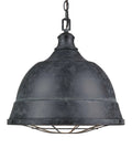 Bartlett Pendant Lights With Copper Patina Finish dope industrial vintage ceiling fixture with cage diffuser shown in black patina.