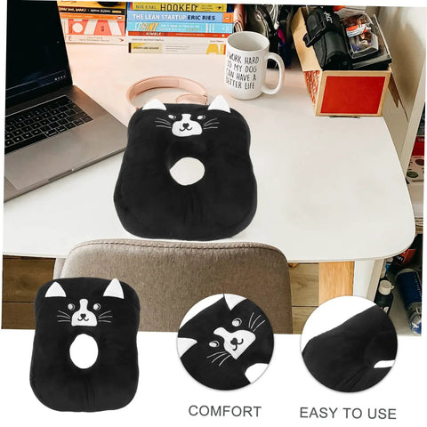 Office Desk Nap Pillow For Easy Naps, Cozy Face Down Cushion for desk setup with a laptop and mug, featuring a black cat design.