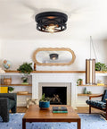 Living room with Two Pack Black Flush Mount Ceiling Light Fixture Dope Industrial Farmhouse Metal Cage Ceiling Fixture For Kitchen Entryway Hallway With E26 Base Ten Point Six Three Inch
