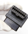 Close-up of OBD2 Splitter Cable 1 Male To 2 Female Extension 16 Pin Full Port OBDII Connector held in white glove