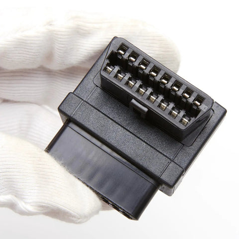 Close-up of OBD2 Splitter Cable 1 Male To 2 Female Extension 16 Pin Full Port OBDII Connector held in white glove