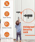 Childproof security lock on door with Heavy Duty Slide Bolt Gate Latch For Wooden Fence And Barn Doors 6.3 Inch 304 Stainless Steel.