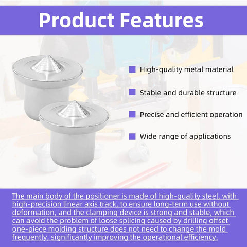 Two chrome-plated rust-resistant dowel center pins for woodworking with text highlighting features like stability and precision.