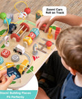 Child playing with Sturdy Wooden Montessori Activity Table For Toddlers Ages 1 To 3, 9 In 1 Busy Toy with traffic gears.