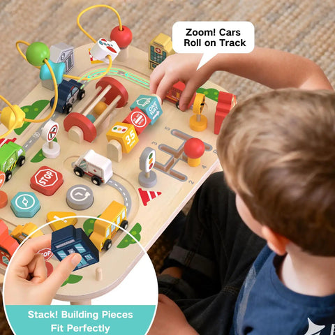 Child playing with Sturdy Wooden Montessori Activity Table For Toddlers Ages 1 To 3, 9 In 1 Busy Toy with traffic gears.