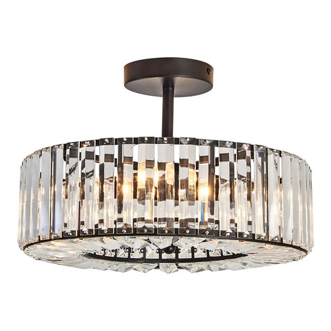 Close-up of Black Round 4 Light Crystal Chandelier Semi Flush Mount Ceiling Fixture with extra crystals